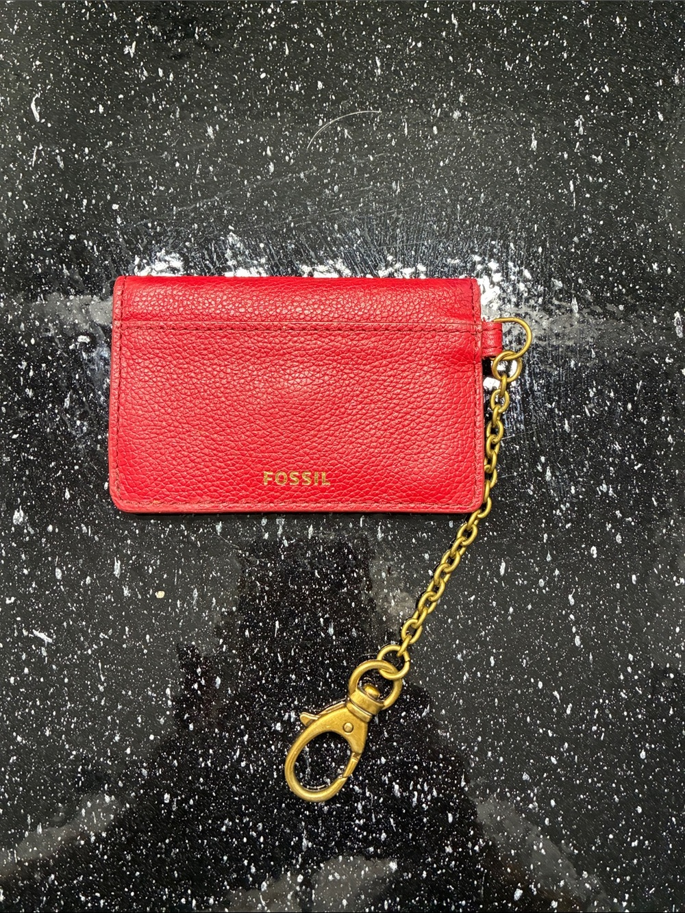 Fossil Red Pebbled Leather Card Holder with Gold Chain